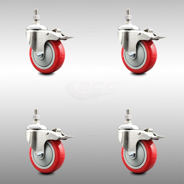 Service Caster 4 Inch 316SS Red Polyurethane Wheel Swivel 10mm Stem Caster Set Lock Brake SCC-SS316TSTTL20S414-PPUBRED-M1015-4 - main